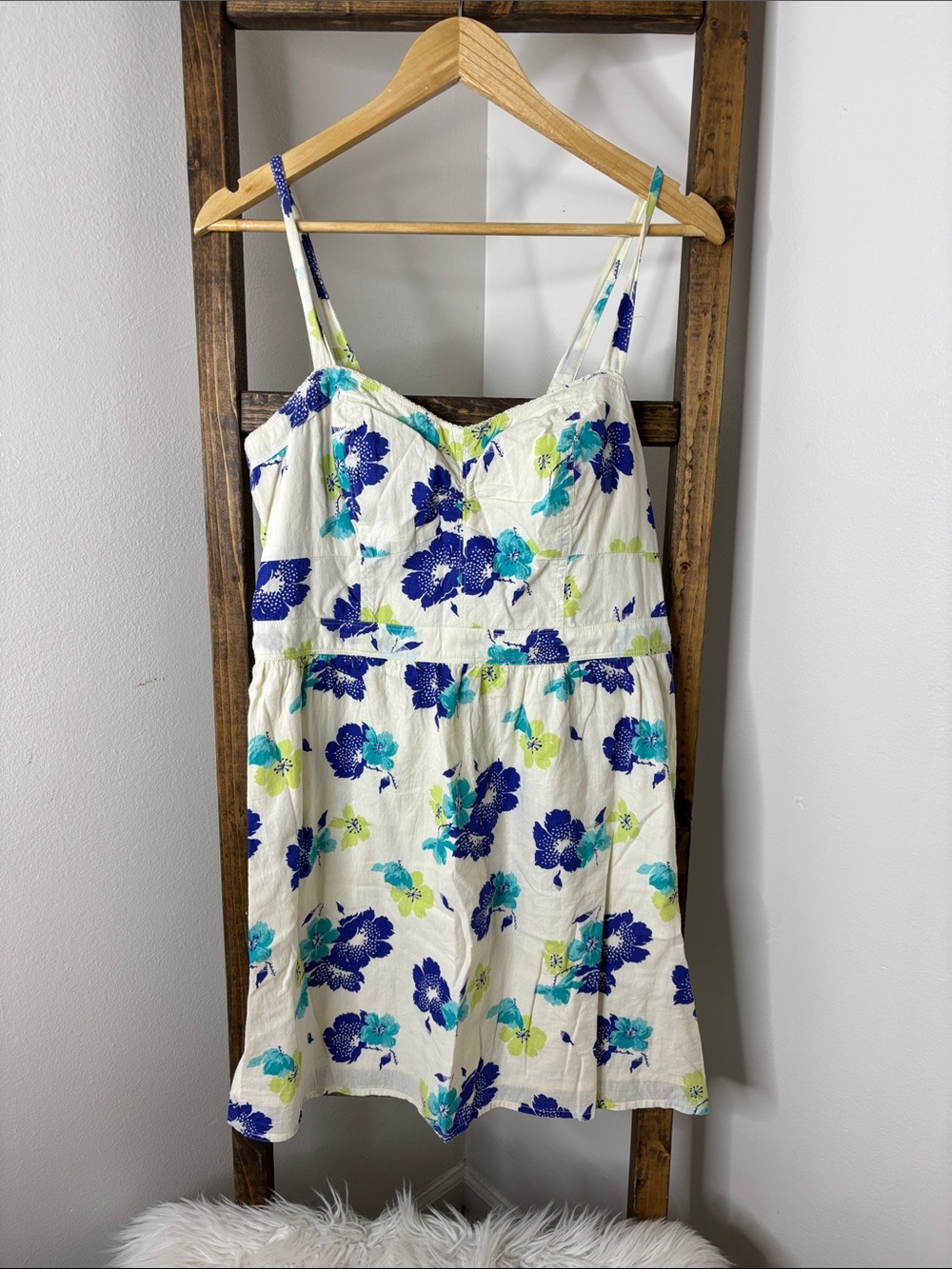 American Eagle Outfitters White Mini Dress with Blue & Teal Floral Print Size L